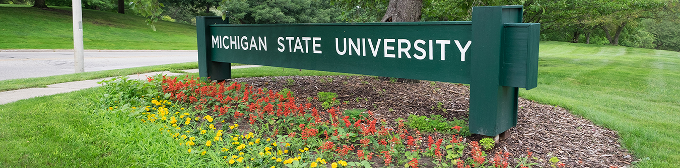 A sign that says Michigan State University on top of a flower bed