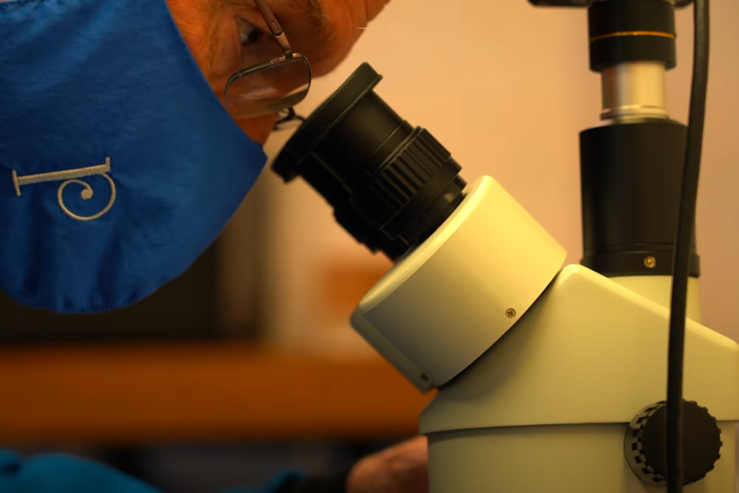 Researcher using a microscope