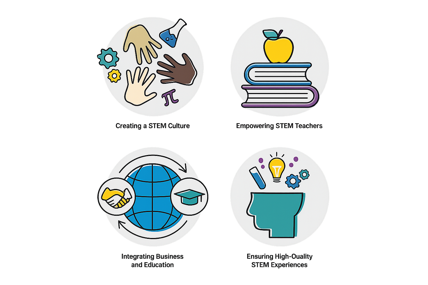 Graphic illustrating four STEM education priorities: creating a STEM culture, empowering STEM teachers, integrating business and education, and ensuring high-quality STEM experiences.