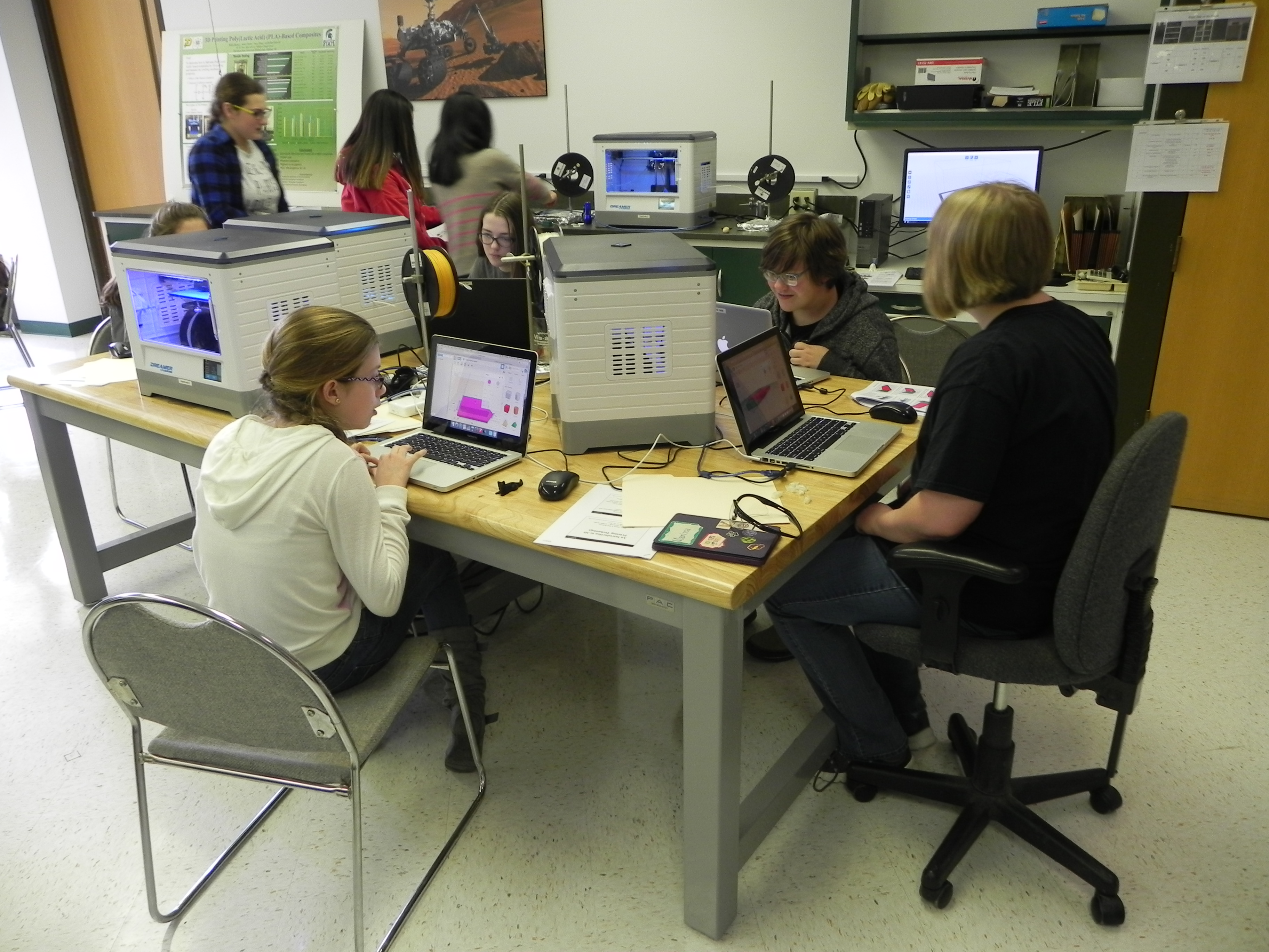 Group of students working in 3D printing lab