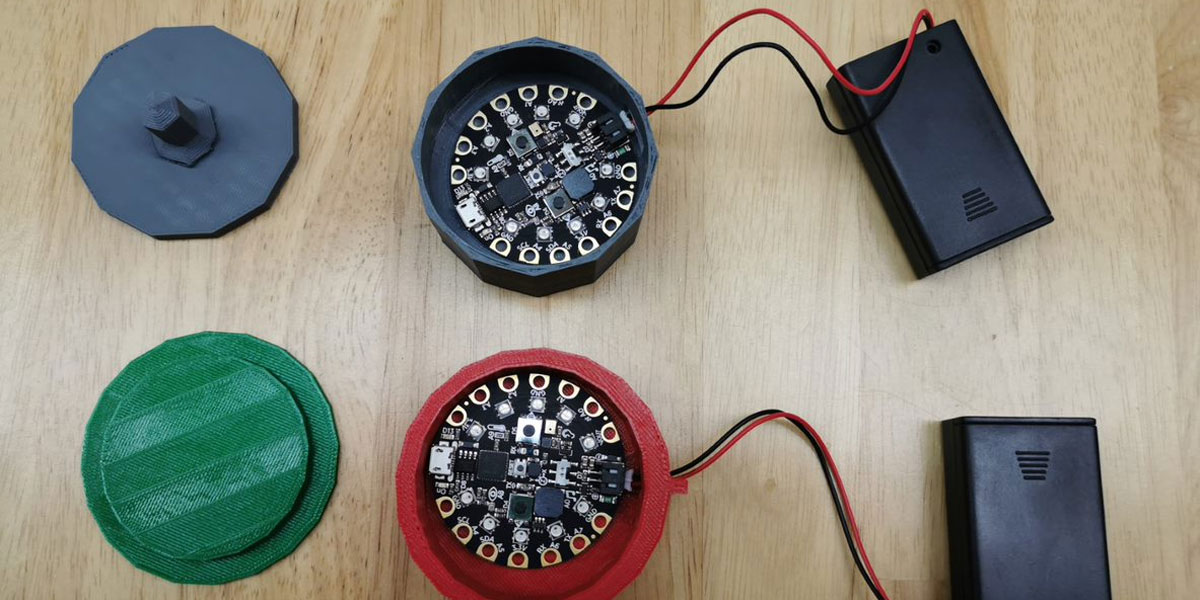 Student designed and printed 3D cases to store their Circuit Playground Express microcontroller.