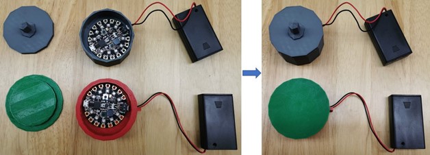 Student-designed 3D printed cases to hold their Circuit Playground Express microcontroller.